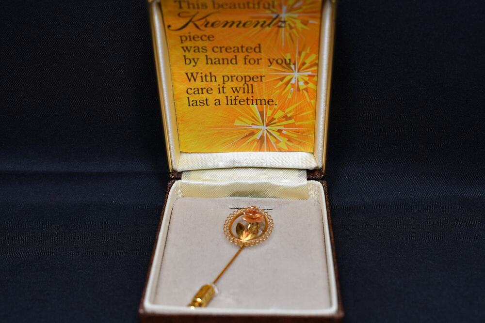 Vintage Krementz 14K Gold Overlay Rose Stick Pin Brooch Original Box